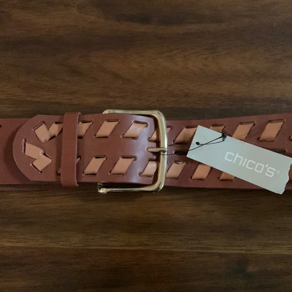 Chicos braided belt size large 48”. In brown with tan braiding.